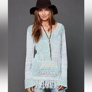 Used Free People Blue Rainbow Hippie Fringe Hem Relaxed Boho Hooded Sweater